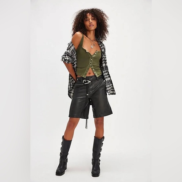 Free People Distressed Black Vegan Leather Longline Boyfriend